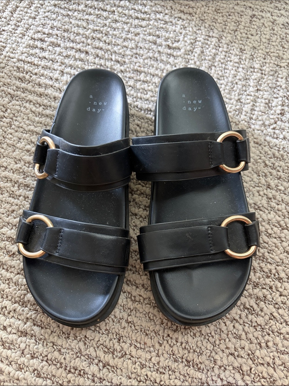 a new day Black Double Strap Slide Sandals with Gold Rings